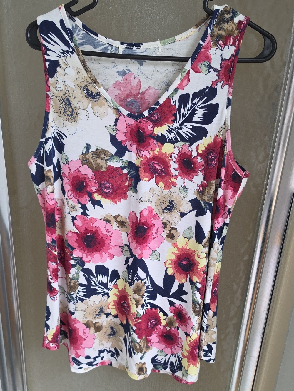 Floral V-Neck Sleeveless Top - White with Pink & Navy Flowers
